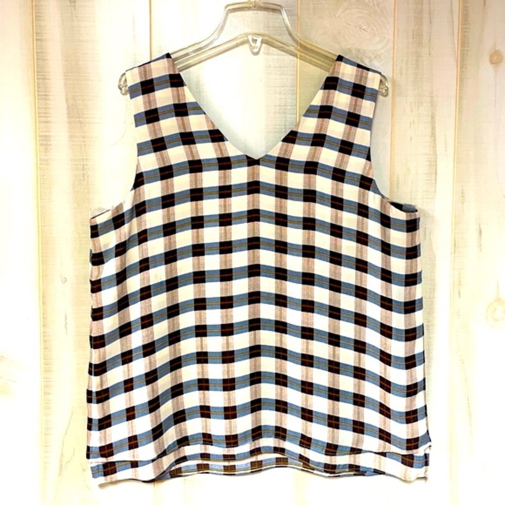Ann Taylor Factory Brown Blue Beige Plaid V Neck Layered Hem Tank Top Sz L
